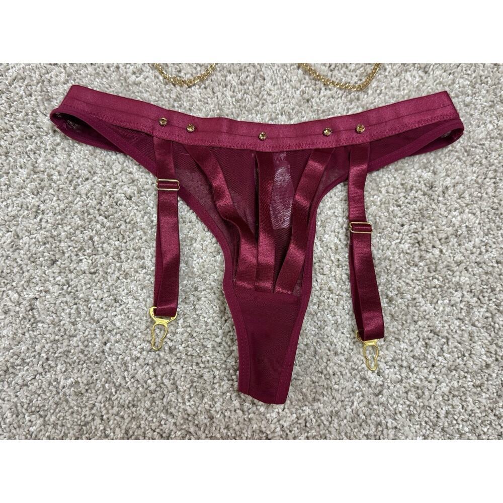 Burgundy 4pc Lace Rhinestone Heart Lingerie Set Robe Bra Garter Thong Choker M/L - Picture 6 of 10